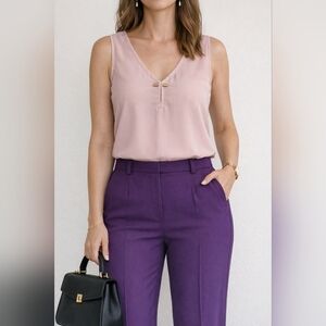 BNWOT Harve Benard Dust Rose V-Neck Blouse L Sleeveless Office Chic Flowy Top